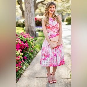 Eliza J Sleeveless Pink Floral Organza A-line Lattice Illusion Back Cutout Dress